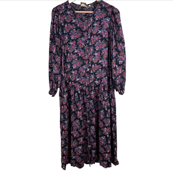 Vintage Komil Dark Floral Midi Dress L Prairie Long Sleeve Boho Cottage Pockets - Picture 12 of 12